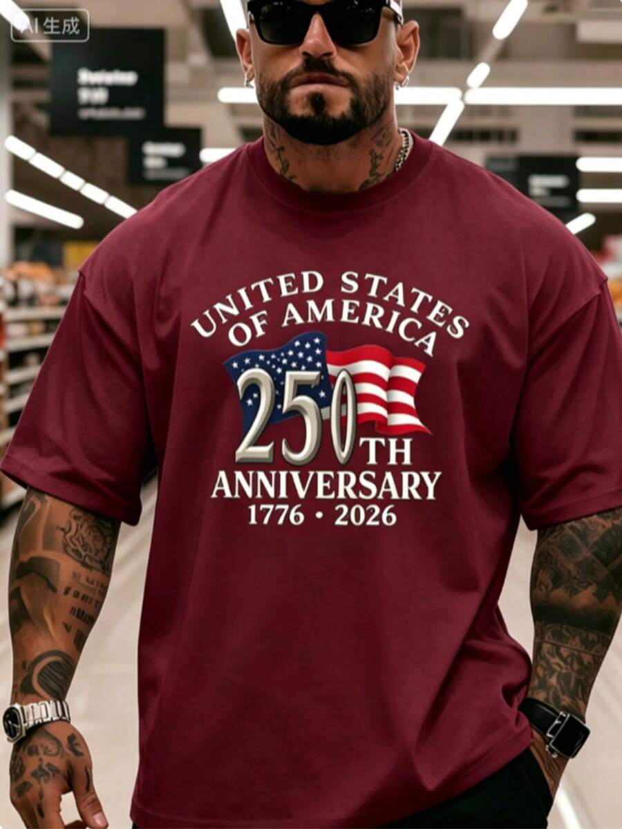 Men's 250th Anniversary Commemorative Graphic Short Sleeve T-Shirt, Soft Breathable Fabric Loose Fit Casual Tee, 180g Fashion Tops -4th Of July - 酒紅色 - 查看 1