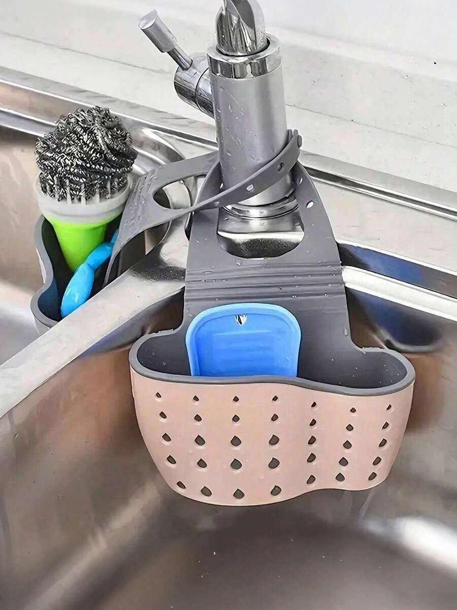 1/2/3pcs Double Layer Kitchen Storage Basket, Adjustable Sink Hanging Rack, Silicone Faucet Draining Basket, Drill-Free Bathroom Shelf