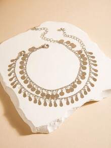 imoli 1 Set/Silver Minimalist Alloy Round Disc Water Drop Tassel Handmade Chain Double Layer Anklet Women's Dating Gift (Handmade Chain Cut To Size, Number Of Round Disc Tassels Varies) - 29120-1-s - View 5