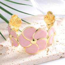 3D Floral Open Cuff Bracelet - Romantic Vintage Style Hand Accessory, Daily Commute/Date/Vacation, Gold Trim+Multiple Colors Available+Exquisite Petals - Multicolor - View 13