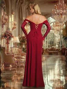 VIPGIRL Vintage Elegant Off-Shoulder Lace Sleeve High Slit Sheath Gown, Elegant Party, Prom Dresses For Women, Formal Evening Gown - Red - View 2