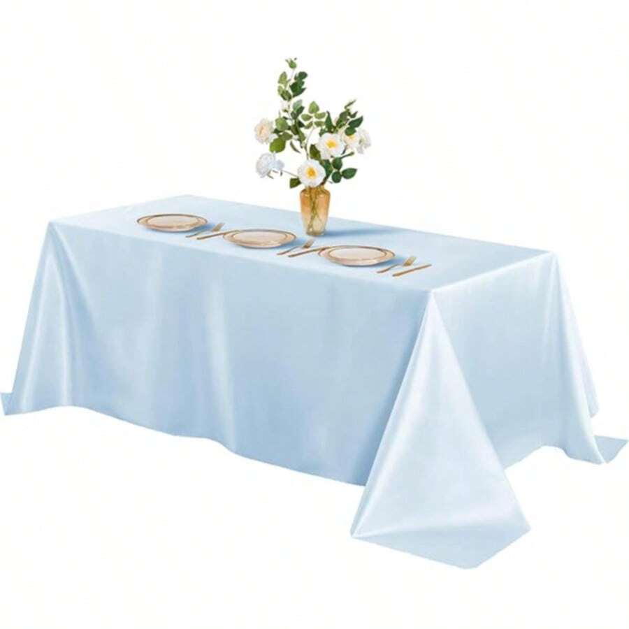 1pc Light Blue Satin Tablecloth, Rectangular Satin Shiny Tablecloth, Suitable For Wedding Party Banquet Use, Smooth Fabric Tablecloth Cover, Table Decoration For Wedding Party Banquet Event Restaurant Kitchen Dining - Light Blue - View 1
