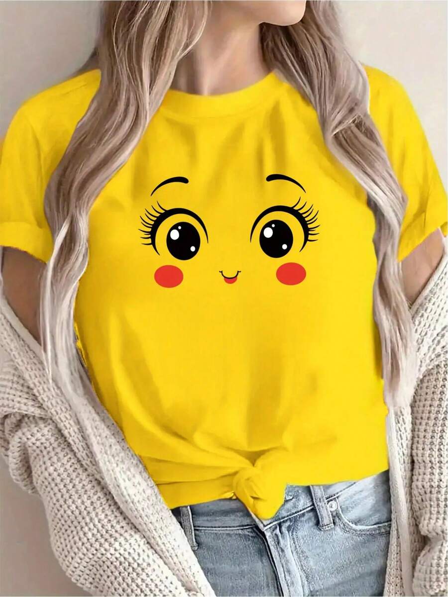 Women's Essential T-Shirt, Comfortable In All Seasons, Soft Round Neck, Fashionable Print - Yellow - View 1