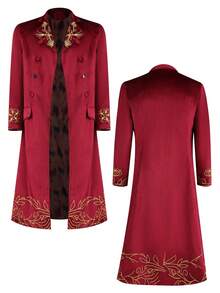 Long Coat, Vintage Gold Embroidered Double-Breasted Long Robe, Medieval Nobility Vampire Cosplay Costume, Halloween Stage Performance Outfit, Gothic Retro Windbreaker, Fashion Long Coat, Distinctive Long Jacket - Red - View 4