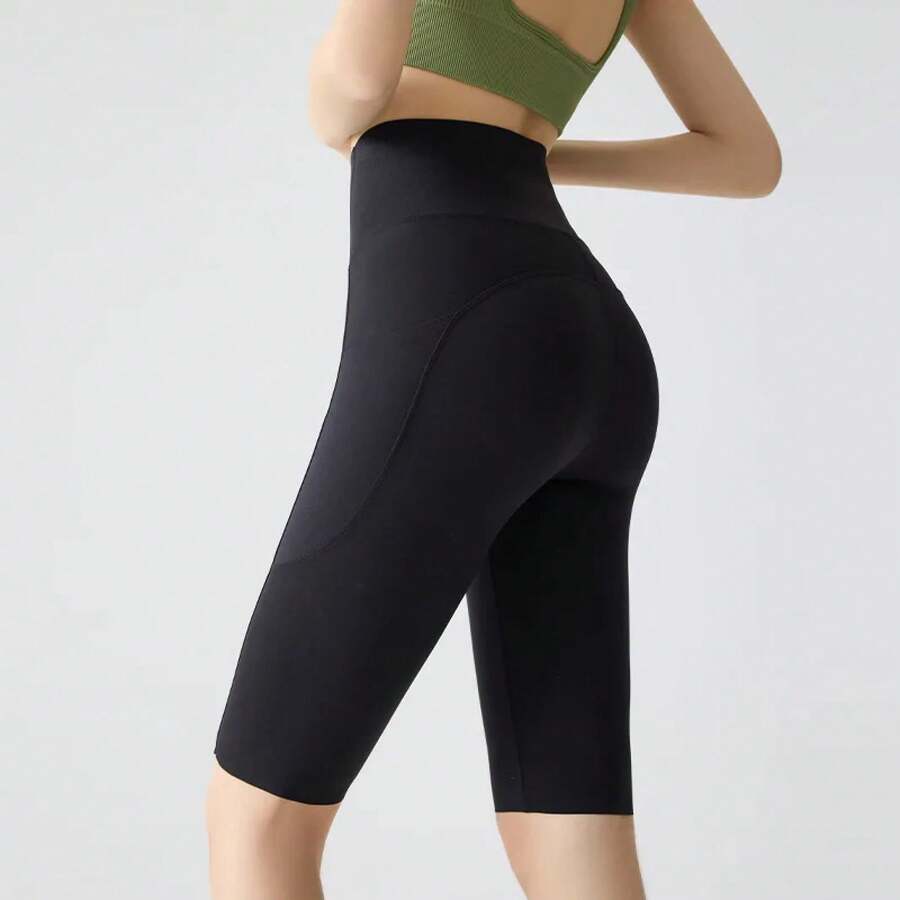 BIVIGAOS Sharkskin Yoga Shorts With Pocket, Summer Cycling Shorts, High Waist Slim Fit Push-Up Shorts, Nude Feel, Sports Shorts For Cycling And Fitness - 黑色 - 查看 1