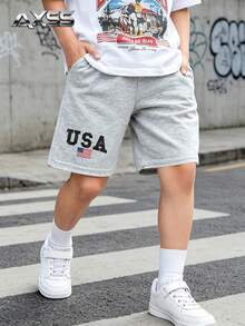 1pc Tween Boys American Vintage Casual Printed Loose Fit Bermuda Shorts, Summer New Arrival - Light Grey - View 1