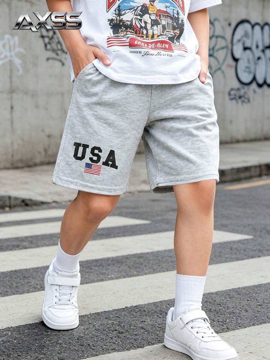 1pc Tween Boys American Vintage Casual Printed Loose Fit Bermuda Shorts, Summer New Arrival - Light Grey - View 1