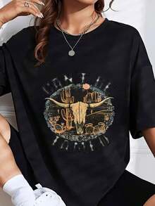 Women's Oversized T-Shirt With Western Bull Skull Graphic "Can't Be Tamed", Casual Summer Top, Country Style, Fashion Piece, Casual Blouses For Ladies - 黑色 - 查看 2