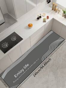 1pc Diatom Mud Kitchen Floor Mat With Dark Grey Background, White Parallel Curved Line Decor On Four Corners, White "Enjoy Life" Theme English Text And Small Lettering In The Center, Minimalist Ins Style Line Letter Geometric Pattern, Luxury Fashionable Cushioned Anti-Fatigue Kitchen Rug - Multicolor - View 12