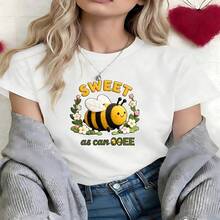 Kawaii Bee Graphic T-Shirt, 100% Cotton Oversized Soft Breathable Casual Crewneck Short Sleeve Top, Summer Vibes Aesthetic Tee For Women & Nature Lovers - 白色 - 查看 11