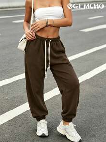GEMCHO Elastic Waist Drawstring Sports Pants, Suitable For Graduation Season, Back To School Season, Women Teachers Outfit Spring - Brown - View 8