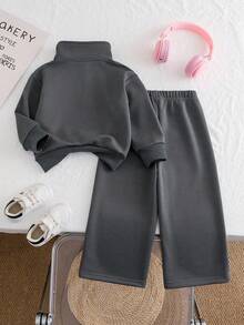2pcs Young Girl Bow Graphic Solid Color Sweatshirt And Pants Set, Minimalist Design, Comfortable For Spring, Autumn And Winter - Dark Grey - View 2