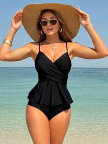 SYCAMORETREETECHNOLOGYMX Swim Lushoire Set de 2 piezas de tankini de traje de baño con top tipo camiseta cruzado y volantes en el bajo, y Bottom tipo - Verde Oscuro - Ver 5