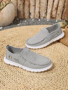 Zapatos deportivos casuales para mujer de lona lavada con bordado floral, zapatos de moda retro de empeine bajo, sin cordones, para ir al trabajo y caminar - Gris - Ver 7