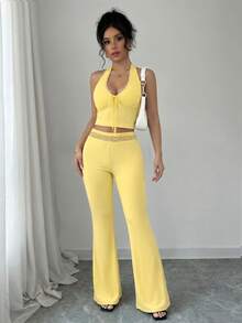 abyoxi Damen Gelbes Spitzen-Patchwork-Halterneck-Crop-Top mit Bindung hinten und Spitzen-Taillen-Hose mit hoher Taille und ausgestelltem Bein, 2-teiliges Set, jung, sexy, süß, lässig, für Urlaub, Alltag, Ausgehen, Zuhause, Date, Sommer-Outfit mit kurzem Top und langer Hose - Gelb - Übersicht 5