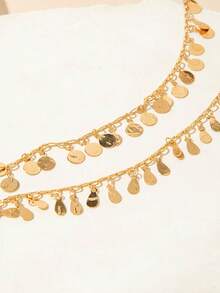 imoli 1 Set/Gold Minimalis Alloy Round Disc Water Drop Tassel Handmade Chain Double Layer Anklet Wanita Hadiah Kencan (Rantai Buatan Tangan Dipotong Sesuai Ukuran, Jumlah Rumbai Cakram Bulat Bervariasi) - 29120-ank-G-1 - View 6