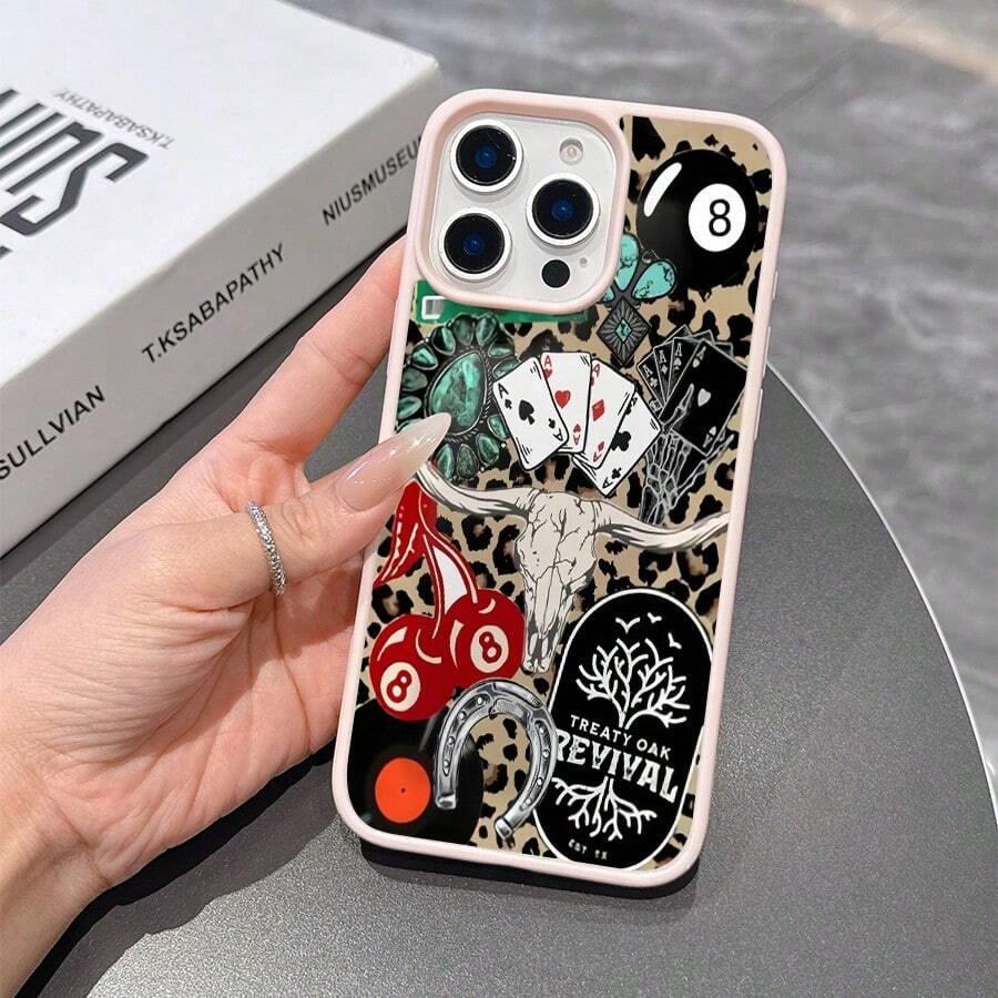 A Stylish Phone Case That Does Not Include A Lanyard Or Stand. Western Leopard Phone, Cherries Skull Horseshoe Vinyl Treaty Oak Revival With Country Rock Vibes, Now Aesthetic, 17 16 15 14 13 12 11 Pro Plus X, S25 S24 S23 S22 S21 Ultra - 粉色 - 查看 1