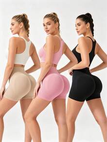 3 Pack High Waisted Seamless Workout Shorts Women Butt Lifting Tummy Control Biker Shorts 3 Inch - Pink, Black, Brown - View 1