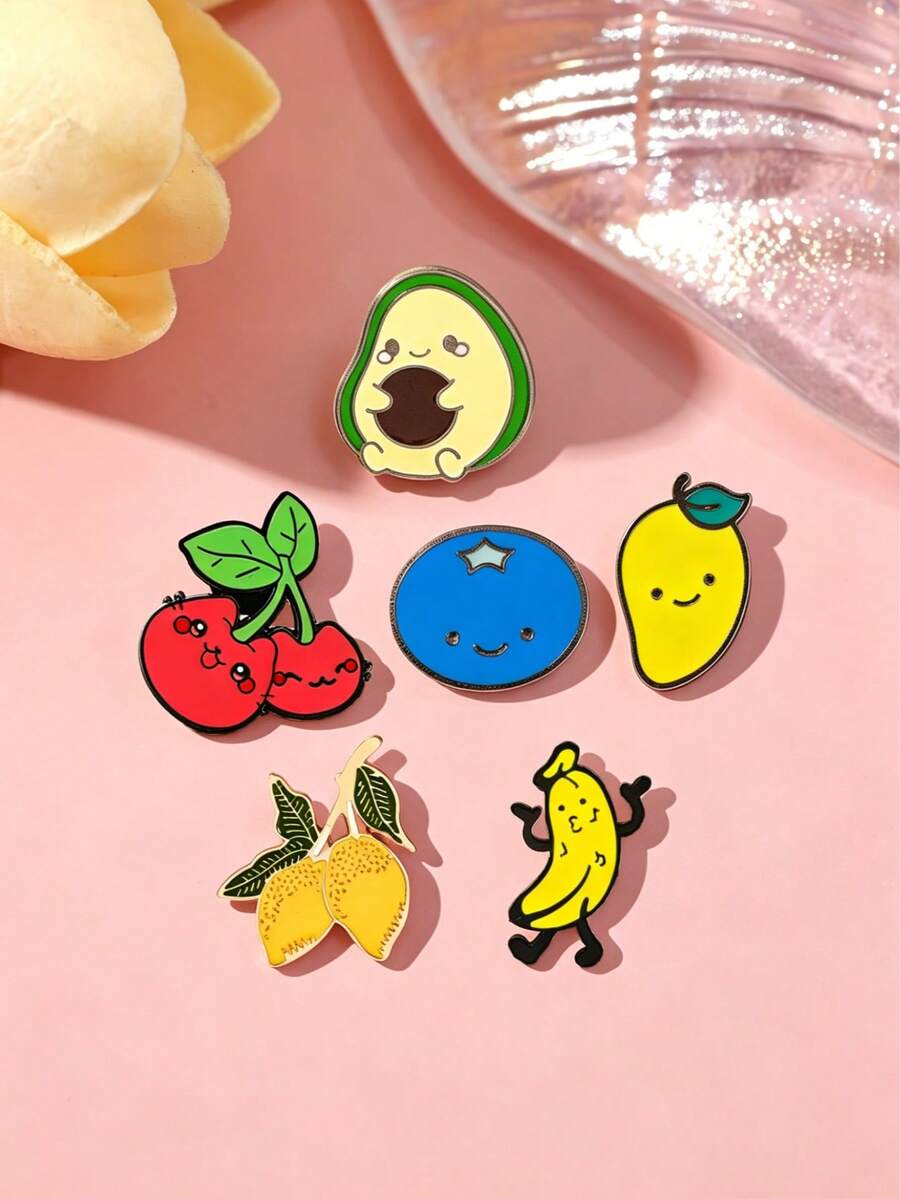 1/6pcs Cartoon Fresh Fruit Brooch, Multiple Styles Available, Small & Exquisite, Fixed Collar Anti-Exposure Decorative Pin For Backpack, Clothing, Student Daily Decoration - Multicolor - View 1