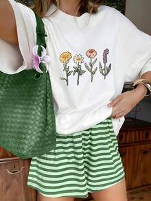 Cottagecore Vintage Wildflower Graphic T-Shirt, 100% Cotton Oversized Soft Breathable Cozy Tee, Casual Crewneck Short Sleeve Top For Summer & Nature Lovers - 白色 - 查看 12