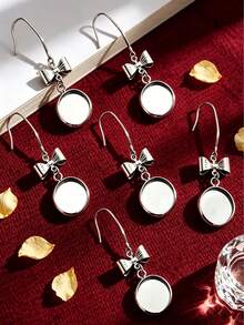 10Pcs 304 Stainless Steel Earring Hooks With Bow Charm, Silver Tone Round Cabochon Bezel Dangle Earring Blanks, DIY Jewelry Making Findings - Earring Setting - View 6