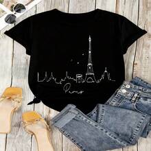 Paris Skyline Graphic T-Shirt, 100% Cotton Oversized Soft Breathable Casual Crewneck Short Sleeve Top, Romantic Aesthetic Summer Vibes Tee For Women & Travel Lovers - 黑色 - 查看 18