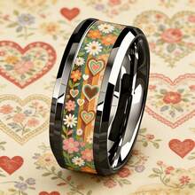 8mm Black & Silver Carbide Tungsten Ring, Vintage Daisy & Layered Heart Pattern, Pastoral Bohemian Style Personalized Band, Comfortable Wear Unisex Jewelry, Perfect Gift For Romantics And Nature Lovers - Multicolor - View 10