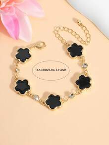1pc Fashion Minimalist 5-Petal Flower & 5-Leaf Clover Bracelet, Sweet & Versatile For Summer, Rhinestone Inlaid, Stylish Charm, Perfect For Daily Wear/Gift - Black - View 2