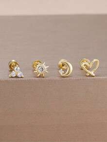 4pcs/Set Stainless Steel Shiny Star Moon Heart Stud Earrings, Women's Cartilage Piercing Earrings, Punk Rock Style Unisex Jewelry - 2-gold-white-4PCS - View 1