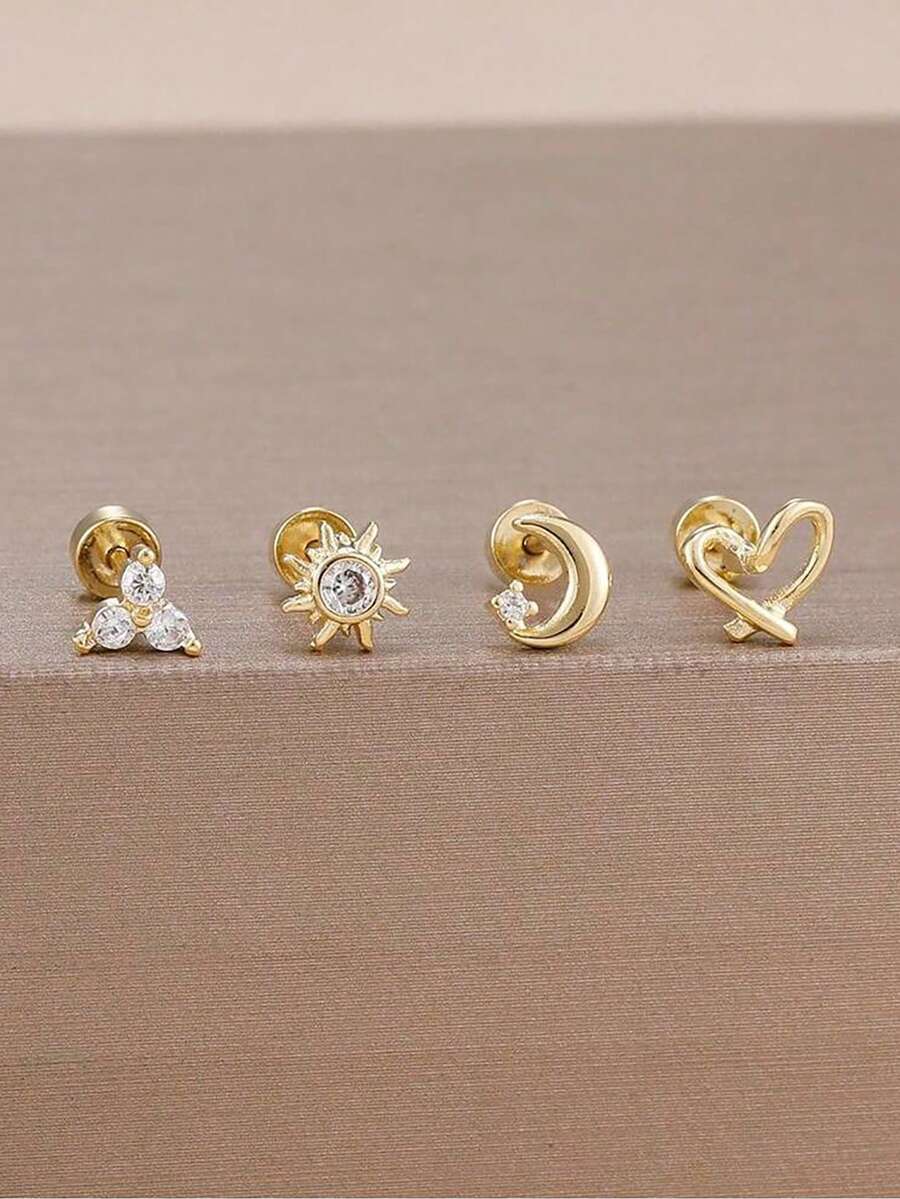 4pcs/Set Stainless Steel Shiny Star Moon Heart Stud Earrings, Women's Cartilage Piercing Earrings, Punk Rock Style Unisex Jewelry - 2-gold-white-4PCS - View 1
