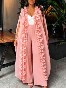 AOMEI Elegant Women's Soft Pink Loose Tulle Sheer Kimono Dress With Ruffle Front Opening And Drawstring Design, Wedding Guest Party Dress - Baby Pink - View 11