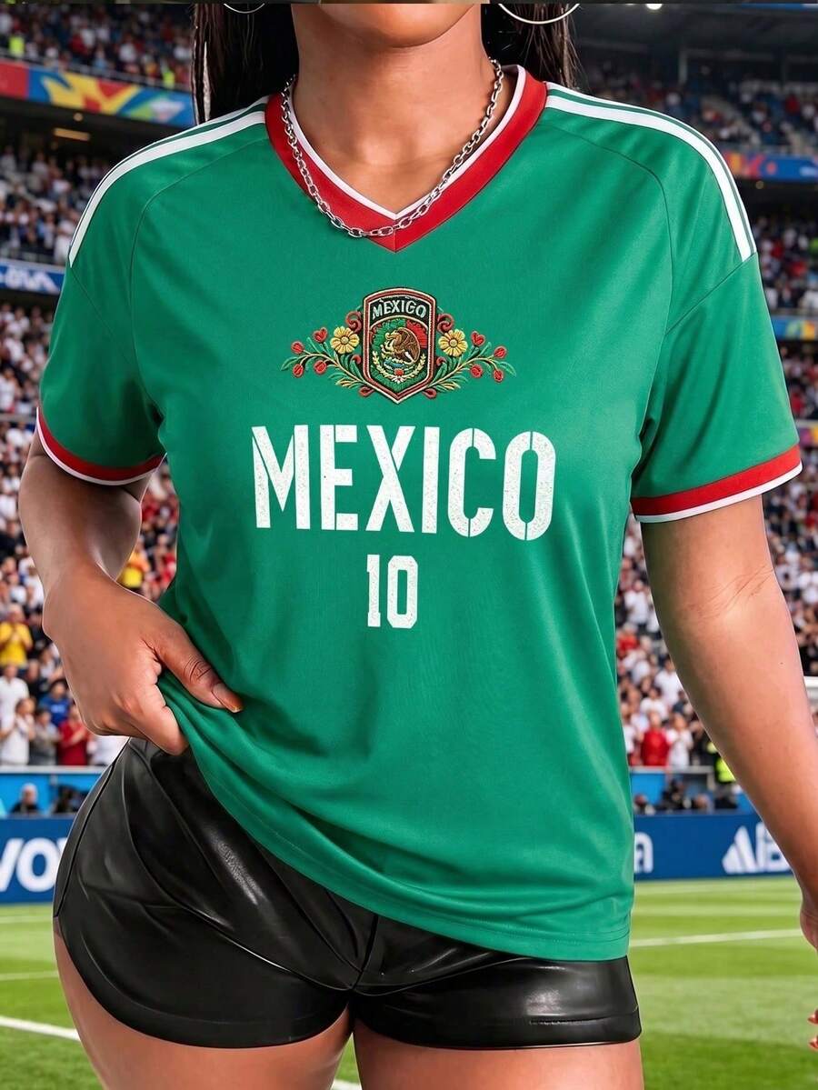 Loose-Fitting Women's T-Shirt, Printed With The Colors Of The National And The Mexican Flag, Ideal For The National Team. Comfortably Soft For Everyday Wear. - 藍色和黑色 - 查看 1
