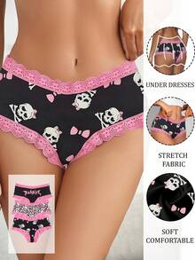 Set de 3 pantaletas de encaje para mujer con estampados de leopardo, calavera y letras en diseño rosa - Rosa - Ver 6