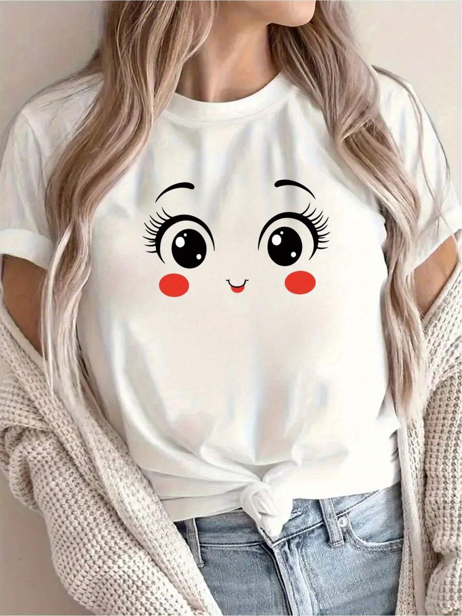 Women's Essential T-Shirt, Comfortable In All Seasons, Soft Round Neck, Fashionable Print - Blanco - View 1