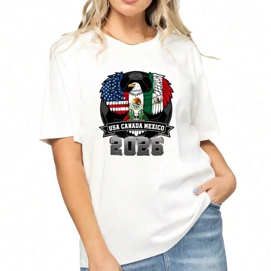 Camiseta unisex de manga corta, Copa 2026, USA, Canadá, México, Fútbol, Camiseta con emblema de águila, y2k, ropa deportiva - Blanco - Ver 1