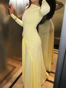 DOUCIU Solid Color Asymmetrical Shape Long Sleeve Flared Elegant Dress Party Birthday Event Outfit - Yellow - View 4