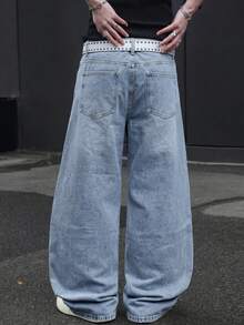 1 pièce Jean bleu large et ample vintage pour homme, toutes saisons, pantalon en denim rétro des années 90 pour le streetwear extérieur - Bleu azur - Voir 2