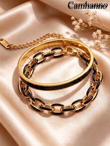 Camhanno 2pcs French Oil Drip Stainless Steel 18K Gold Plated Bracelet & Bangle Set, Multicolor Enamel Options, Hypoallergenic & Non-Fading, Niche Luxury Layered Design, Versatile Women's Jewelry For Daily Commute And Dating - Gold 3 - View 3