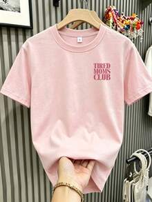 1件女款夏季寬鬆休閒短袖T恤上衣，INS Y2K 慵懶運動風「TIRED MOMS CLUB」圖案印花T恤，粉色 - 粉色 - 查看 3