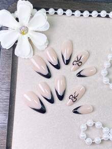 10 Pieces Of Handmade Press On Nails, Summer Nails, Short Nails,Almond-Shaped Nude Nails With Black Silver-Edged French Tips, Hand-Painted Black Bow Patterns And Central Rhinestone Decor, Perfect For Daily Wear, Dates And Casual Outing Occasions. - Black - View 4