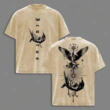 Vintage Washed T-Shirt, Thick Cotton With Double Graphic Illustrative Print, Unisex Cut, Variety Of Sizes, Casual Garment, Urban Fashion, Manga Style - 杏色 - 查看 1