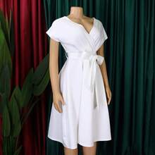 Soleil Women's 2026 New Style Elegant Commute V-Neck Tie Plus Size Dress - White - View 3