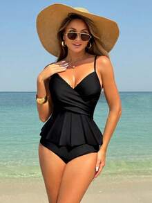 SYCAMORETREETECHNOLOGYMX Swim Lushoire Set de 2 piezas de tankini de traje de baño con top tipo camiseta cruzado y volantes en el bajo, y Bottom tipo - Verde Oscuro - Ver 6