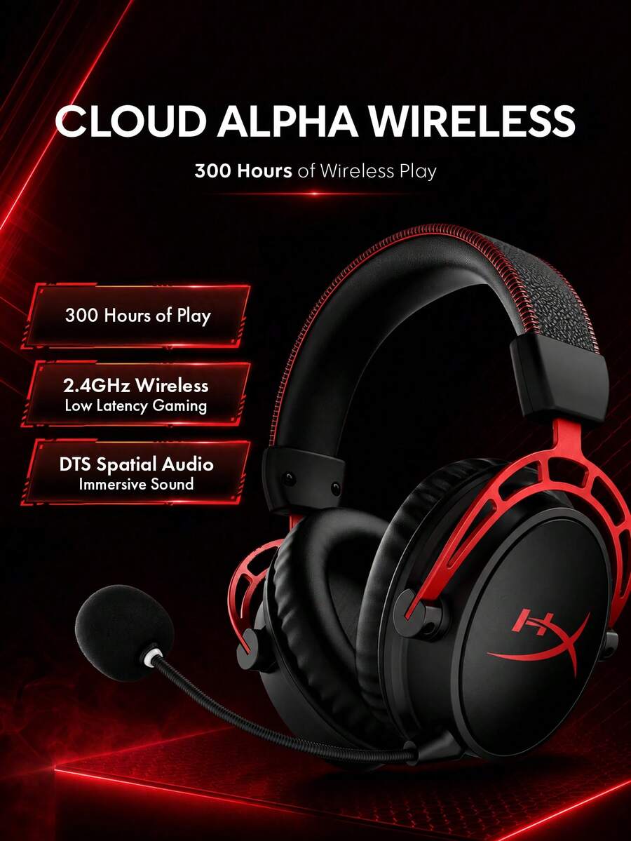 HyperX Headset Gaming Nirkabel Cloud Alpha untuk PC, Daya Tahan Baterai 300 Jam, Audio Spasial DTS X, Driver Dual-Chamber Memory Foam, Mikrofon Peredam Kebisingan, Bingkai Paduan Aluminium Tahan Lama
