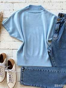 Light Blue Ribbed Women's Sweater With A High Neck And Batwing Sleeves, Regular Length, Ideal For Spring And Summer Looks. - Baby Blue - View 1