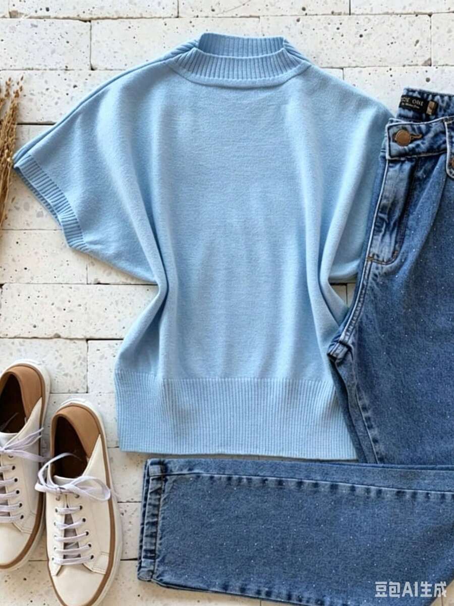 Light Blue Ribbed Women's Sweater With A High Neck And Batwing Sleeves, Regular Length, Ideal For Spring And Summer Looks. - Baby Blue - View 1