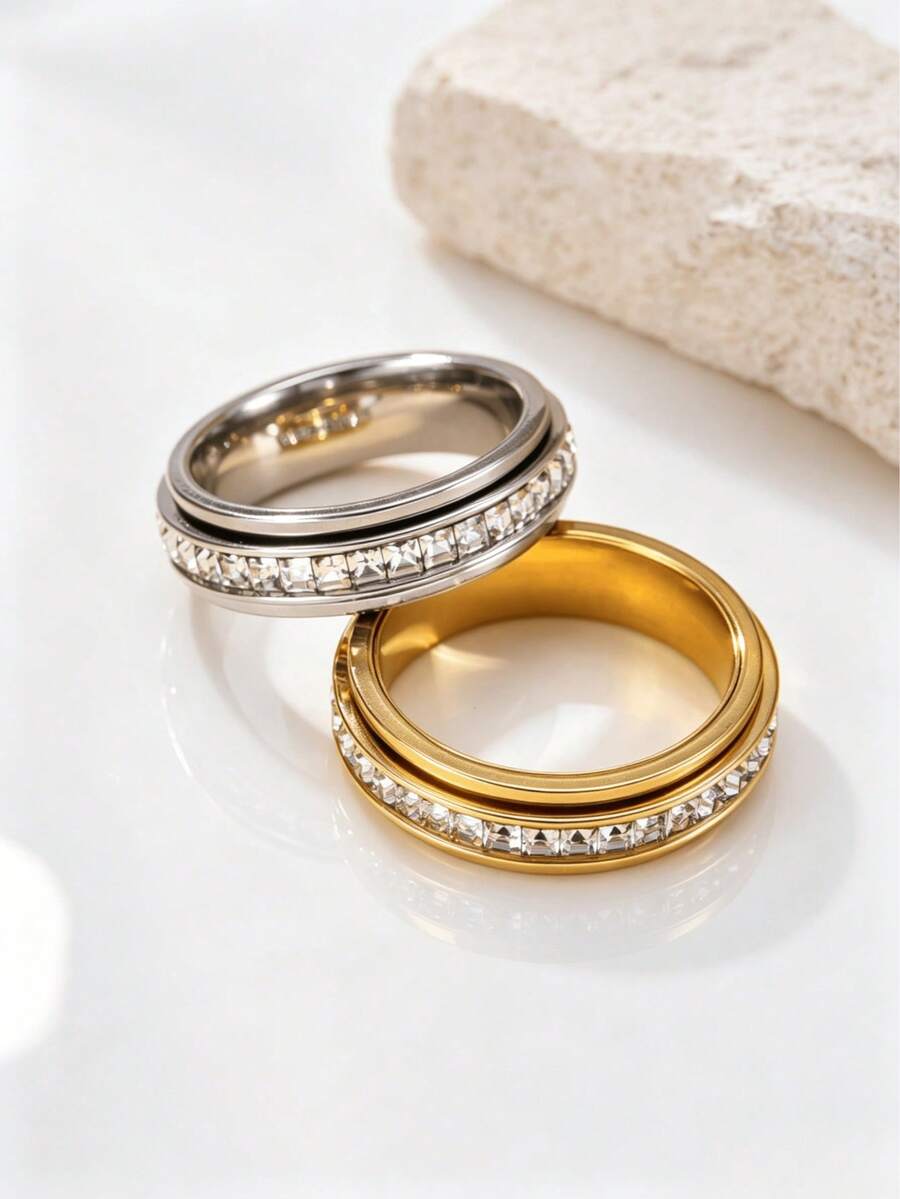 2026 New Style Rotating Stress Relief Single Row Rhinestone Ring, Gold Silver Rose Gold Full Cubic Zirconia Inlaid Ring, Wear-Resistant Waterproof Non-Fading Lucky Fashion Ring, Daily Layering Dating Versatile Jewelry