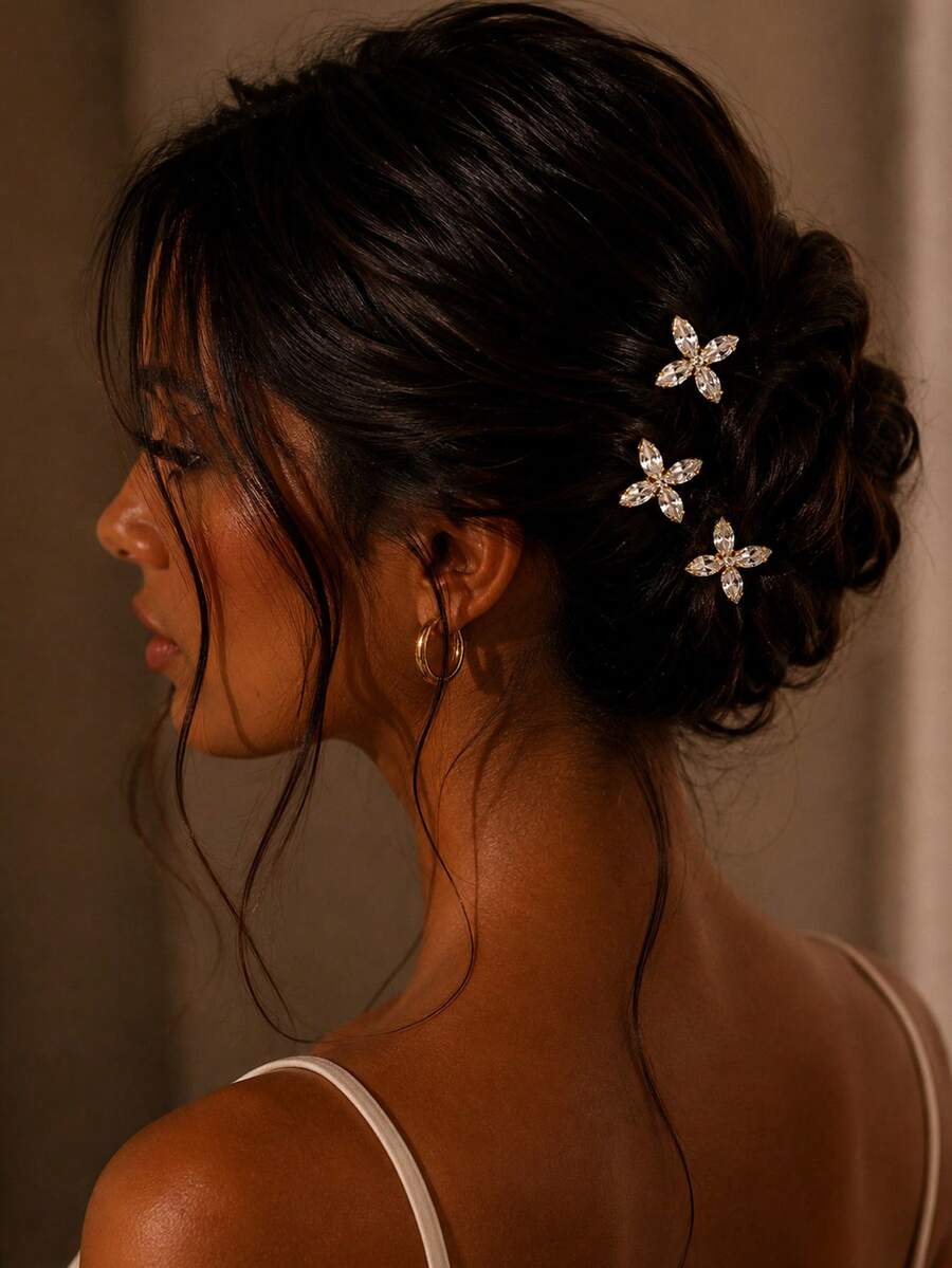 outingfit 3pcs Bridal Wedding Colorful Butterfly Hairpin Fashion Rhinestone Four-Leaf Clover Daily Updo Hair Stick Accessories For Women - Gold - View 1