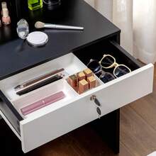 Vanity Table And Stool Set, Makeup Desk With Large Mirror, Open Shelves And 4 Drawers, Black And White - Black - View 8
