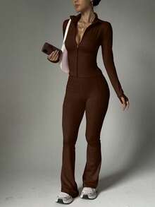 Women's Seamless One-Color Tracksuit Set Consisting Of A Jacket And Stretch Leggings, With A Butt-Lifting Effect And A Snug Fit - 棕色 - 查看 1